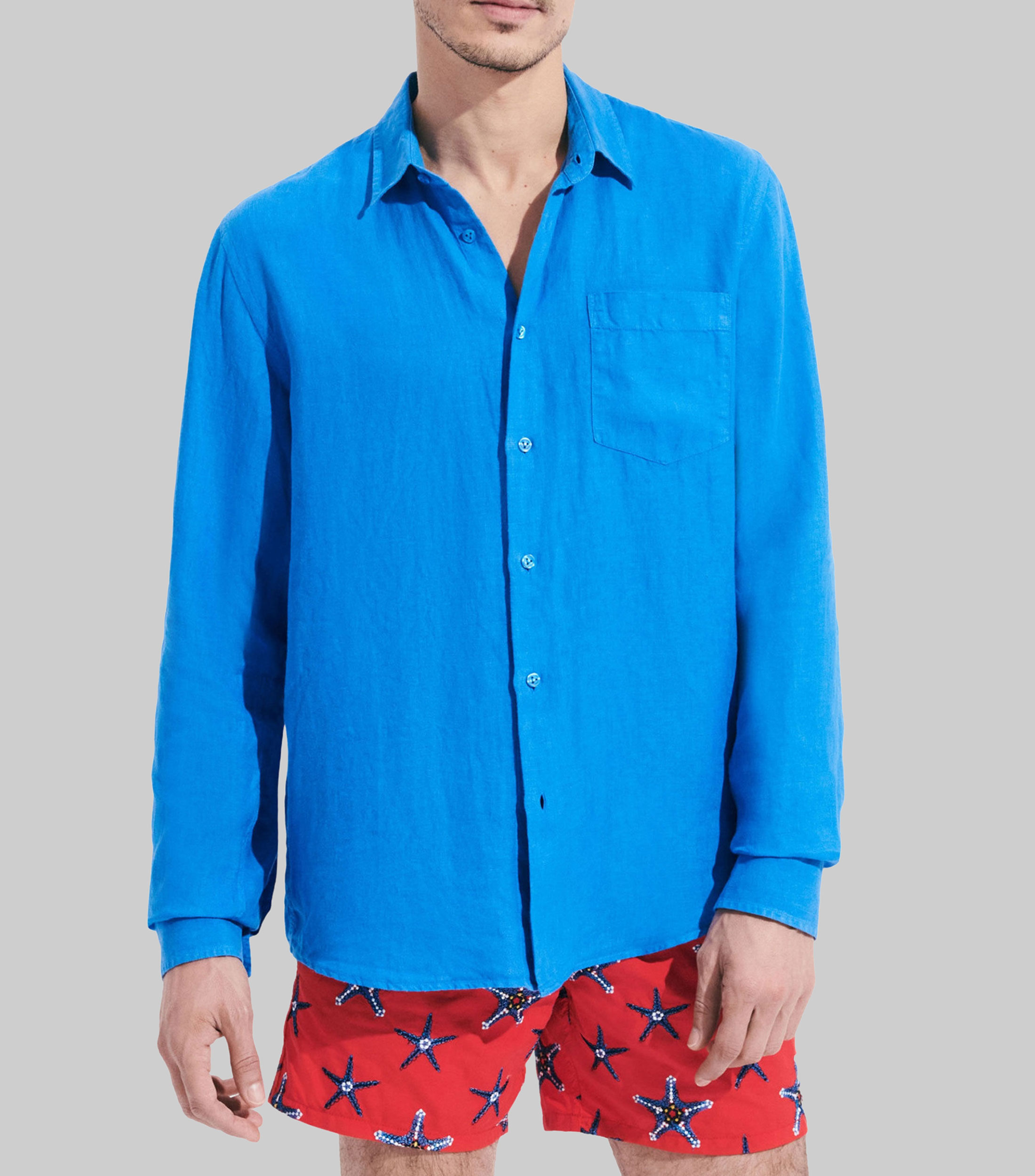 Camisa azul de lino manga larga Hombre